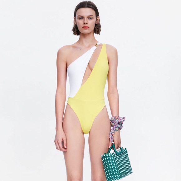 color block one shoulder swimsuit